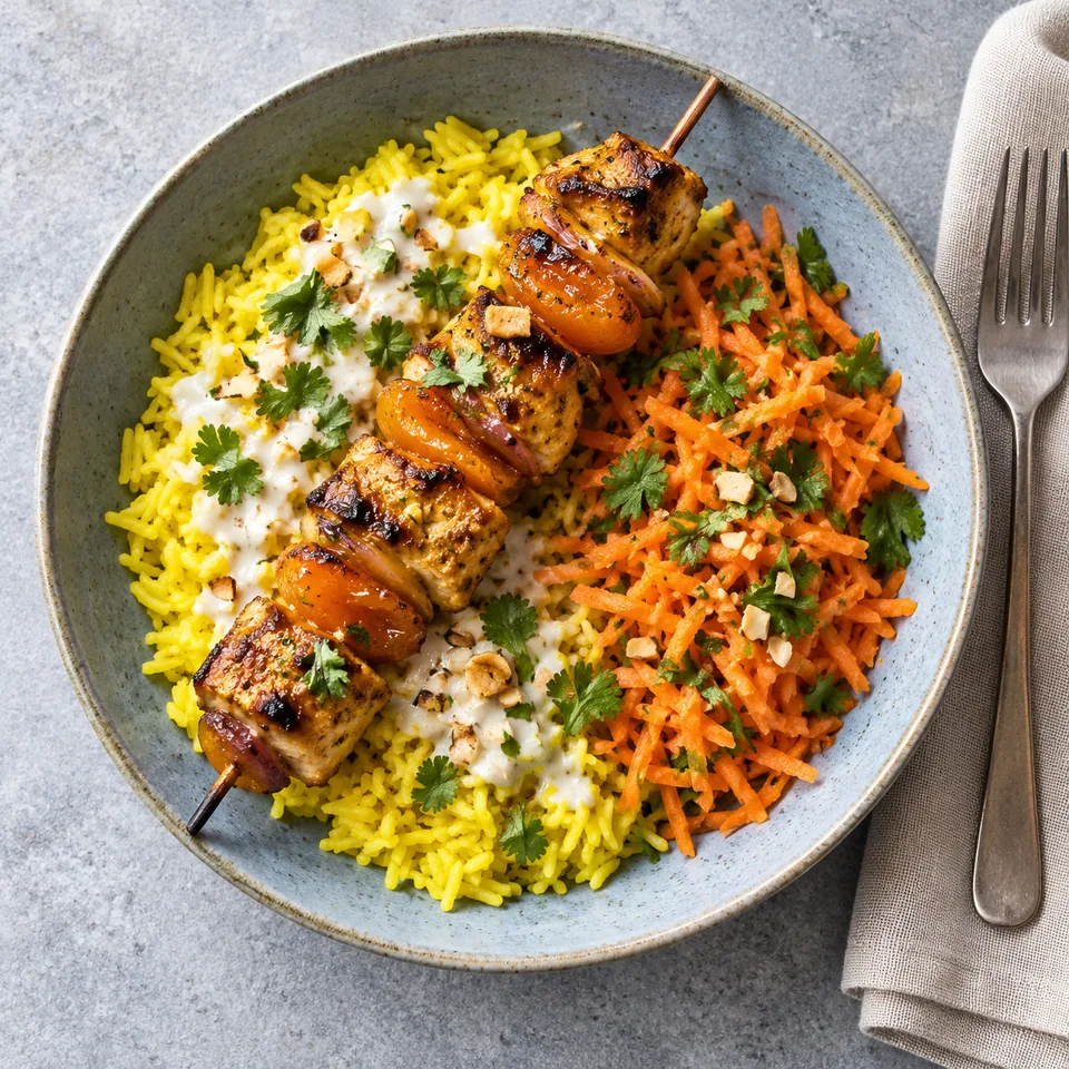 Sosaties de poulet aux abricots sur riz jaune et salade de carottes dans une assiette creuse bleu-gris.