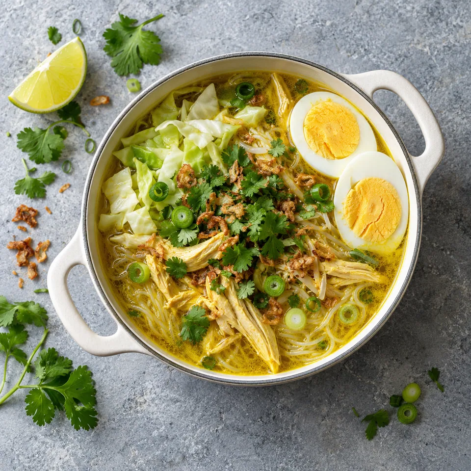 Soto ayam : soupe indonésienne au poulet et curcuma dans une cocotte, avec vermicelles, œuf dur, chou et herbes fraîches.