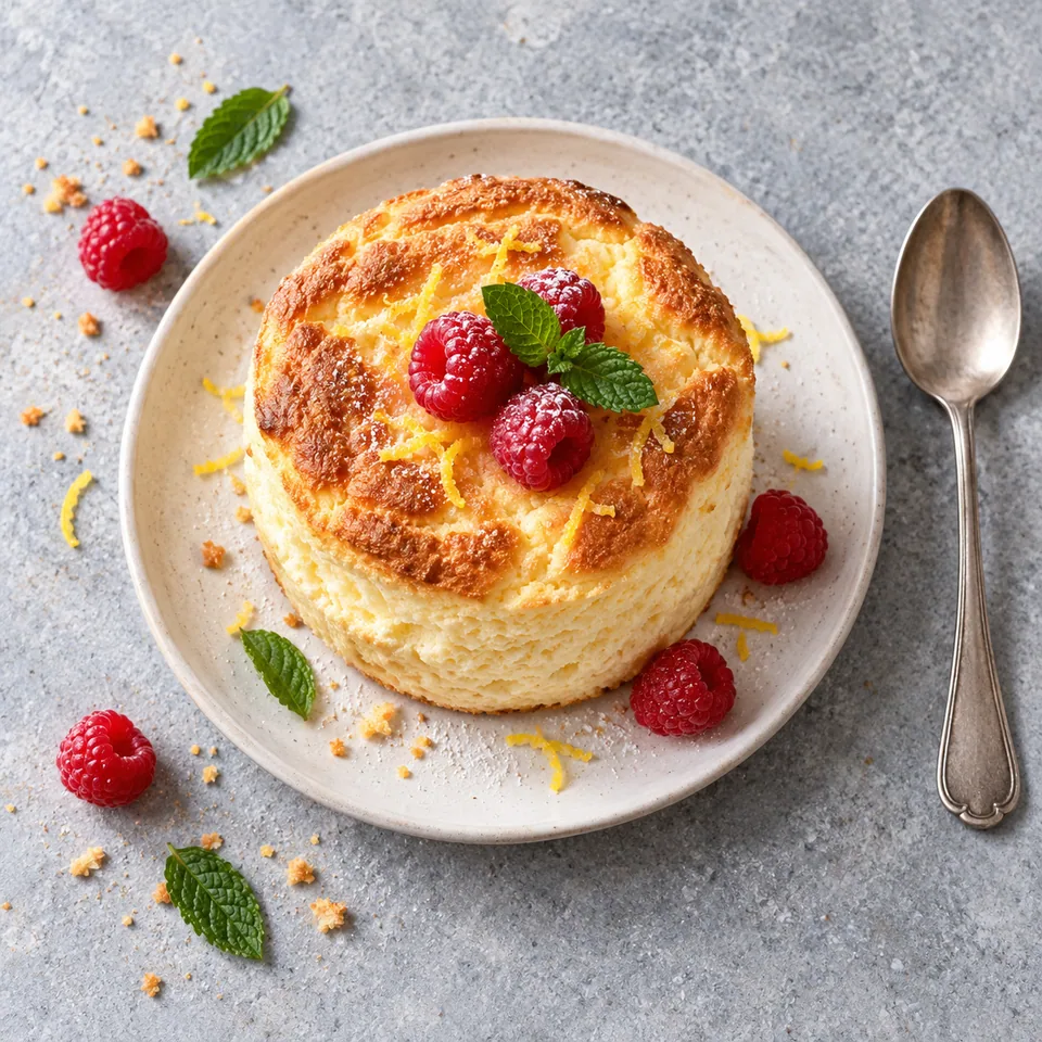 Soufflé au fromage blanc doré et gonflé, servi sur une assiette blanche avec des framboises rouges fraîches en garniture.