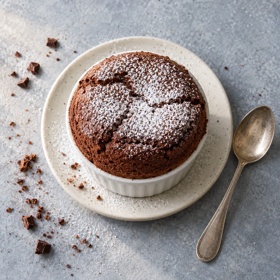 Soufflé au cacao brun et gonflé sur une assiette blanche, saupoudré de sucre glace.