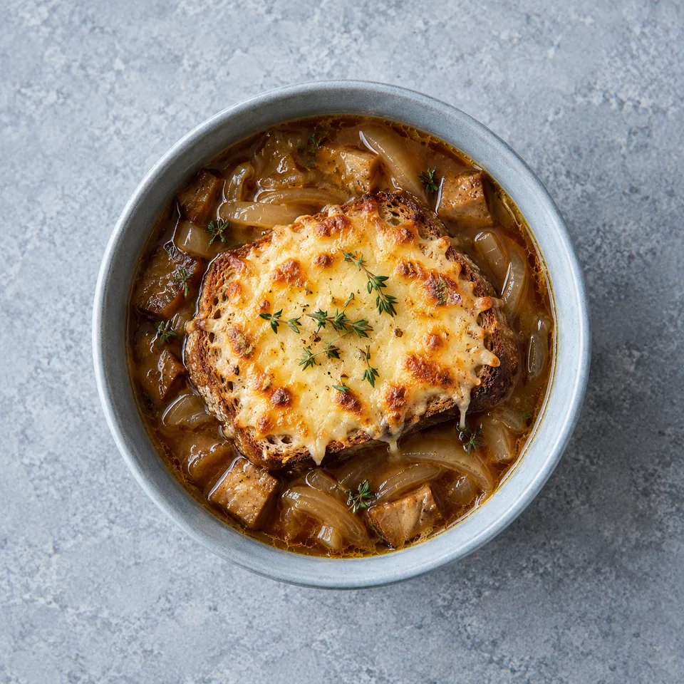 Soupe à l’oignon gratinée en bol, avec oignons et seitan dans un bouillon, pain recouvert de fromage doré.