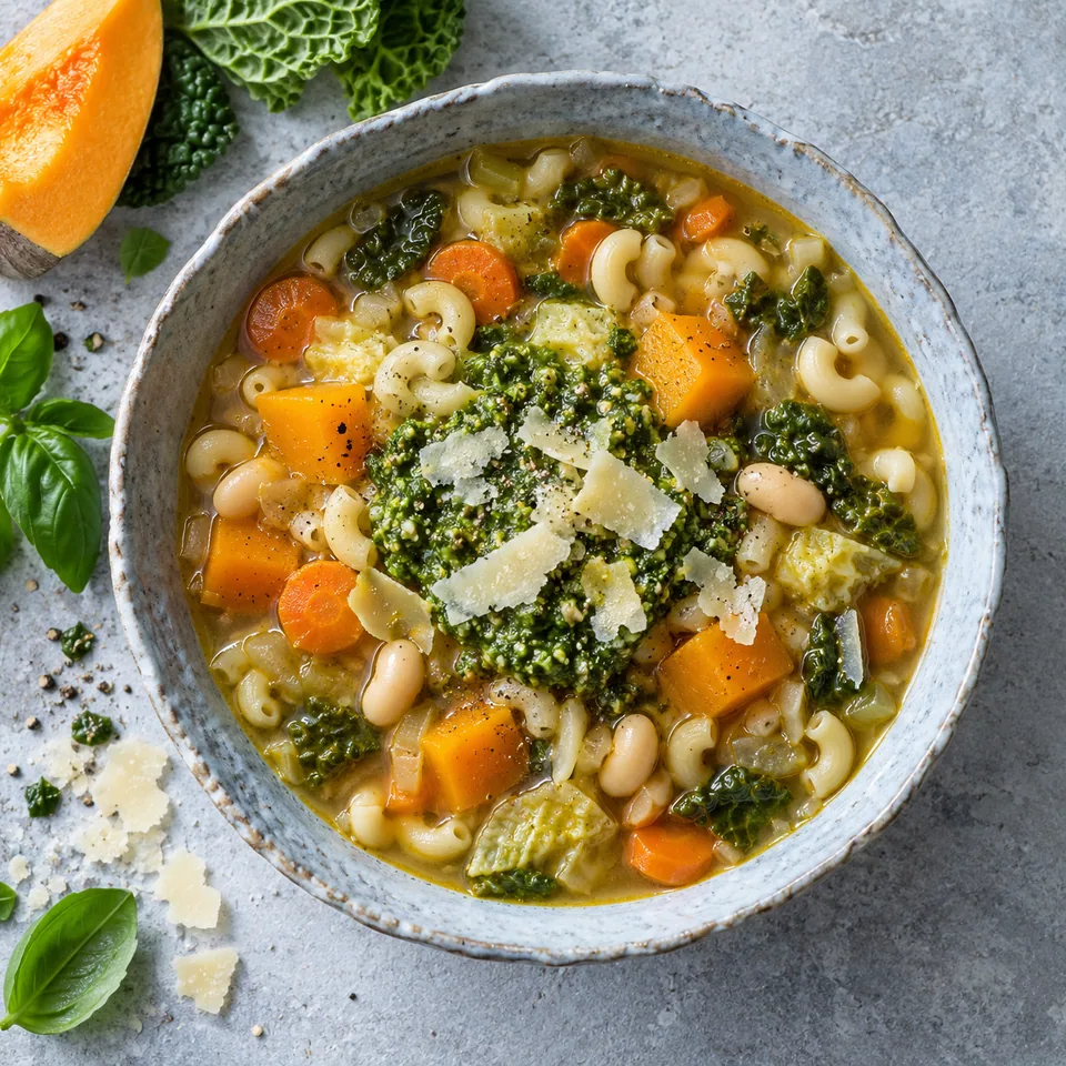 Soupe au pistou d’hiver aux légumes et coquillettes dans un bol bleu-gris, garnie de pistou et de fromage râpé.