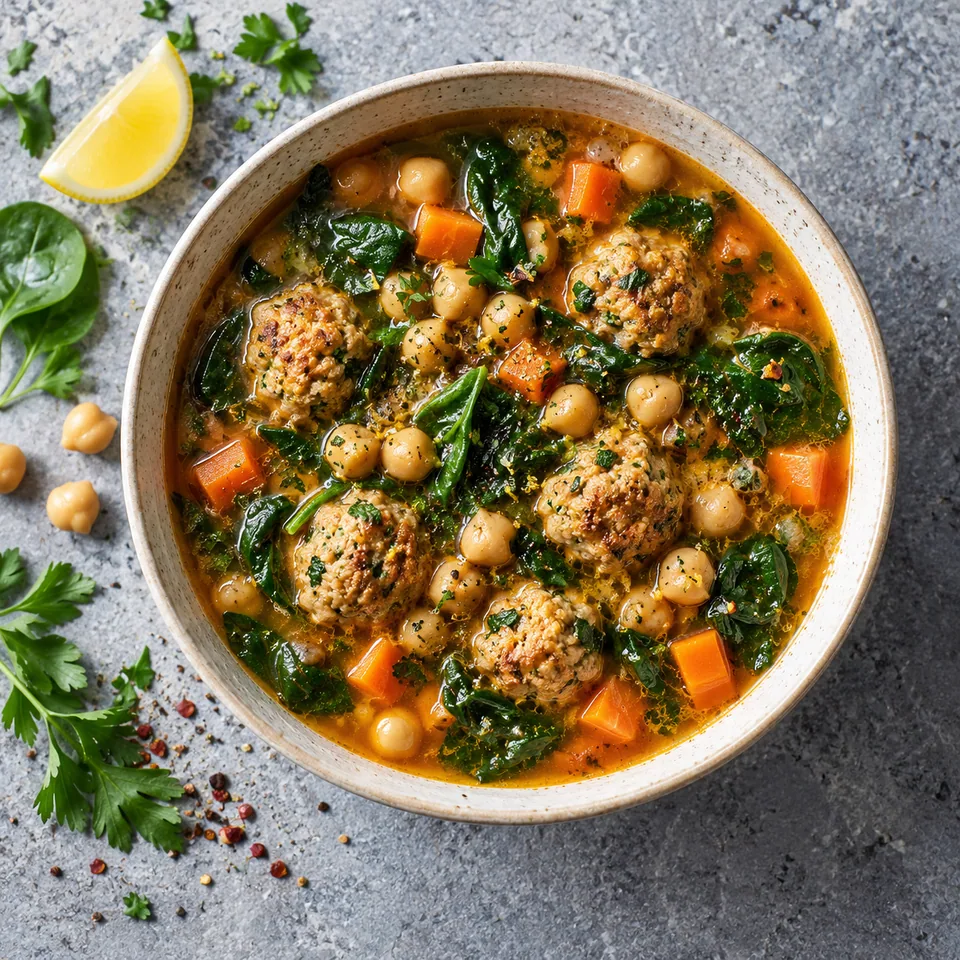 Soupe aux boulettes de dinde, épinards et pois chiches dans un grand bol crème, garnie de persil.