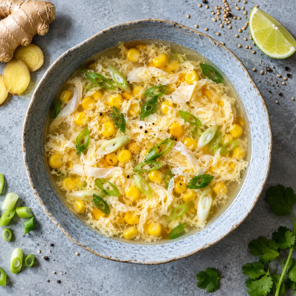 Soupe aux œufs filés, gingembre et maïs dans un bol bleu-gris : œufs soyeux, maïs jaune et oignon vert dans un bouillon clair.