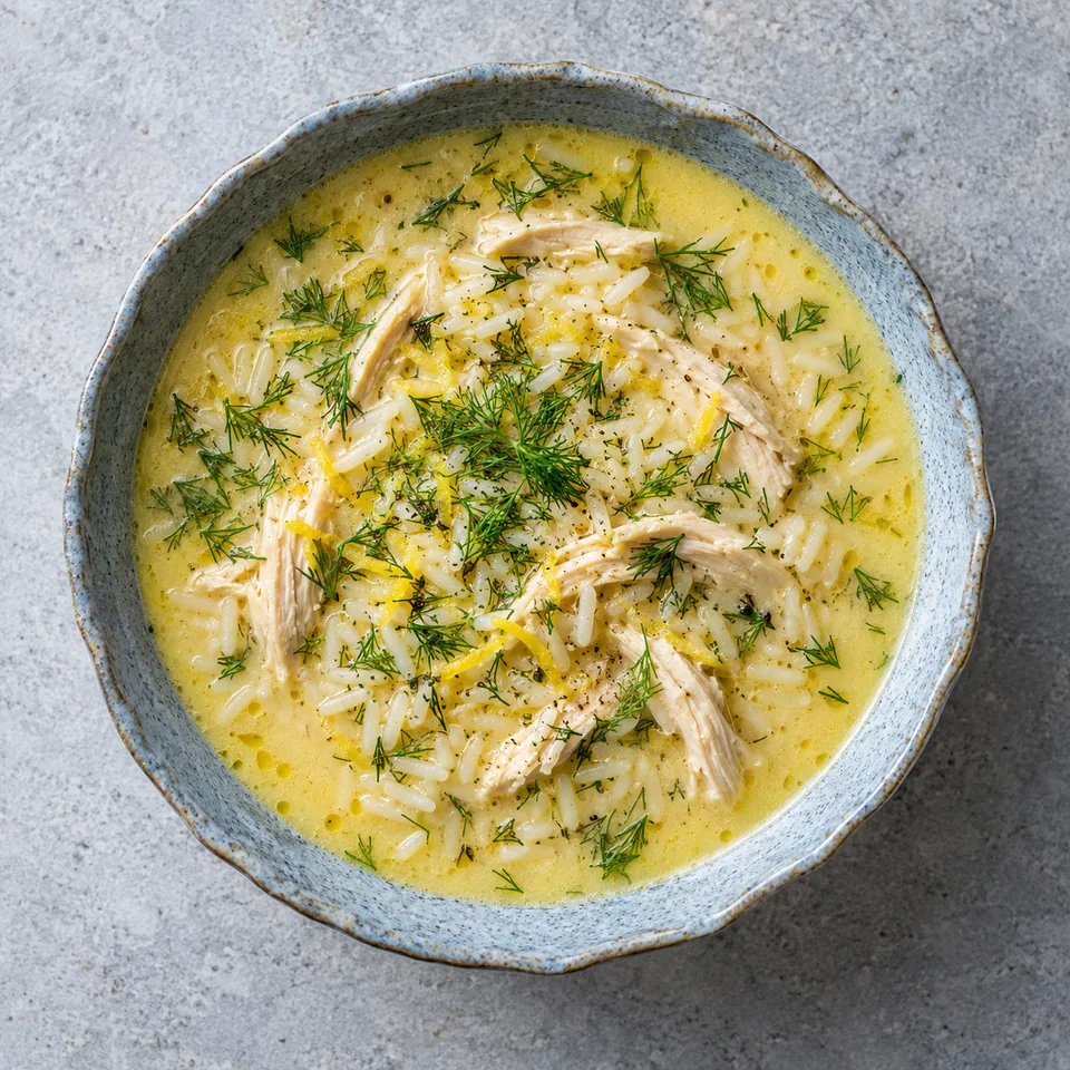 Portion de soupe avgolemono au poulet et riz dans un bol bleu-gris, garnie d'aneth frais.