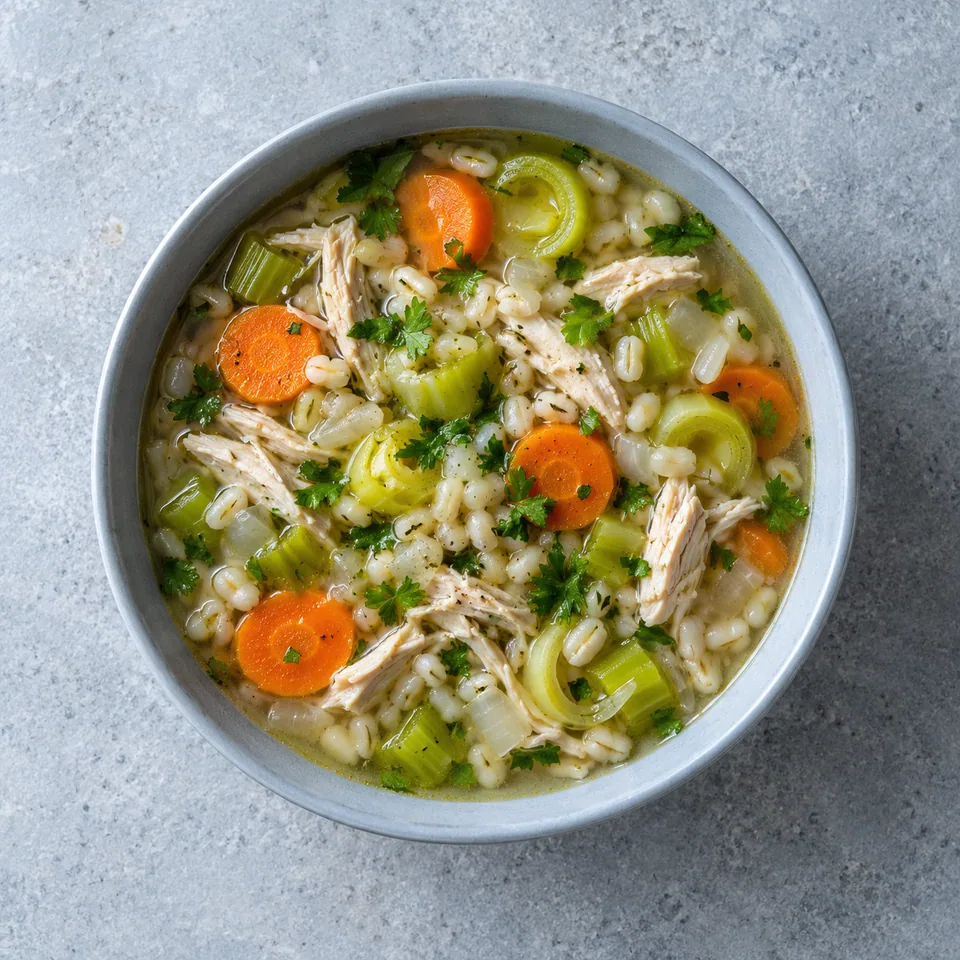 Soupe complète au poulet, poireaux et orge : un bol de bouillon avec poulet effiloché, orge, carottes et persil.
