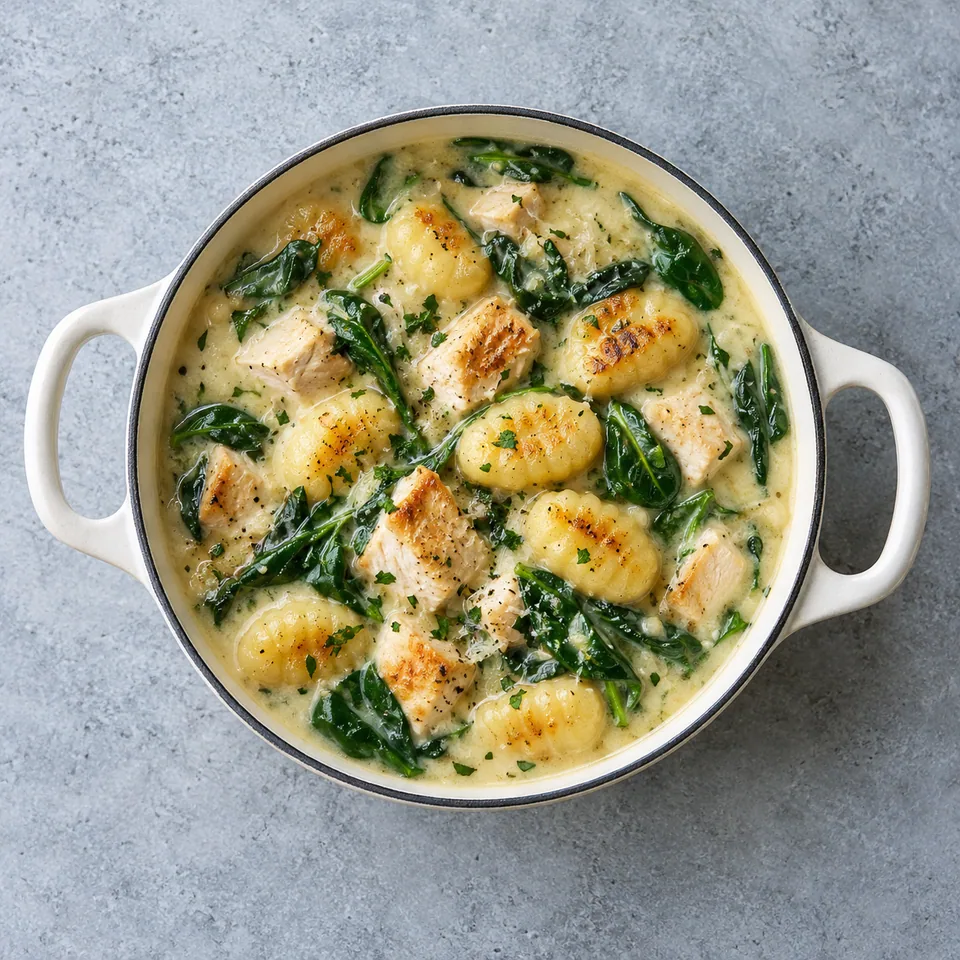 Soupe crémeuse au poulet, gnocchis et épinards dans une petite cocotte en fonte émaillée blanche.