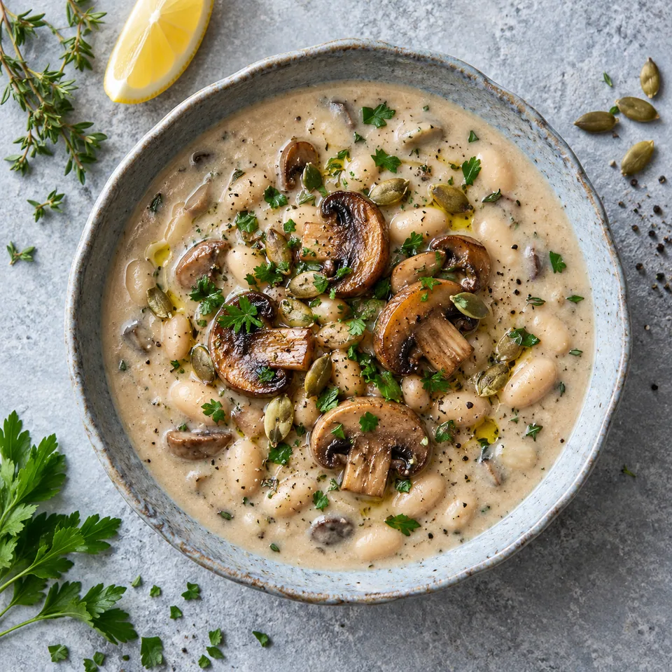 Bol de soupe crémeuse aux champignons et haricots blancs, garnie de graines de courge et persil.