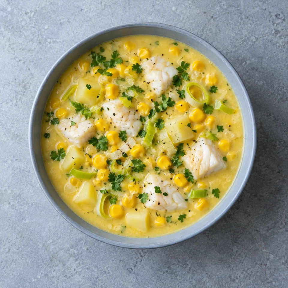 Soupe crémeuse de maïs au cabillaud, jaune pâle, avec morceaux de poisson, maïs, légumes et persil.