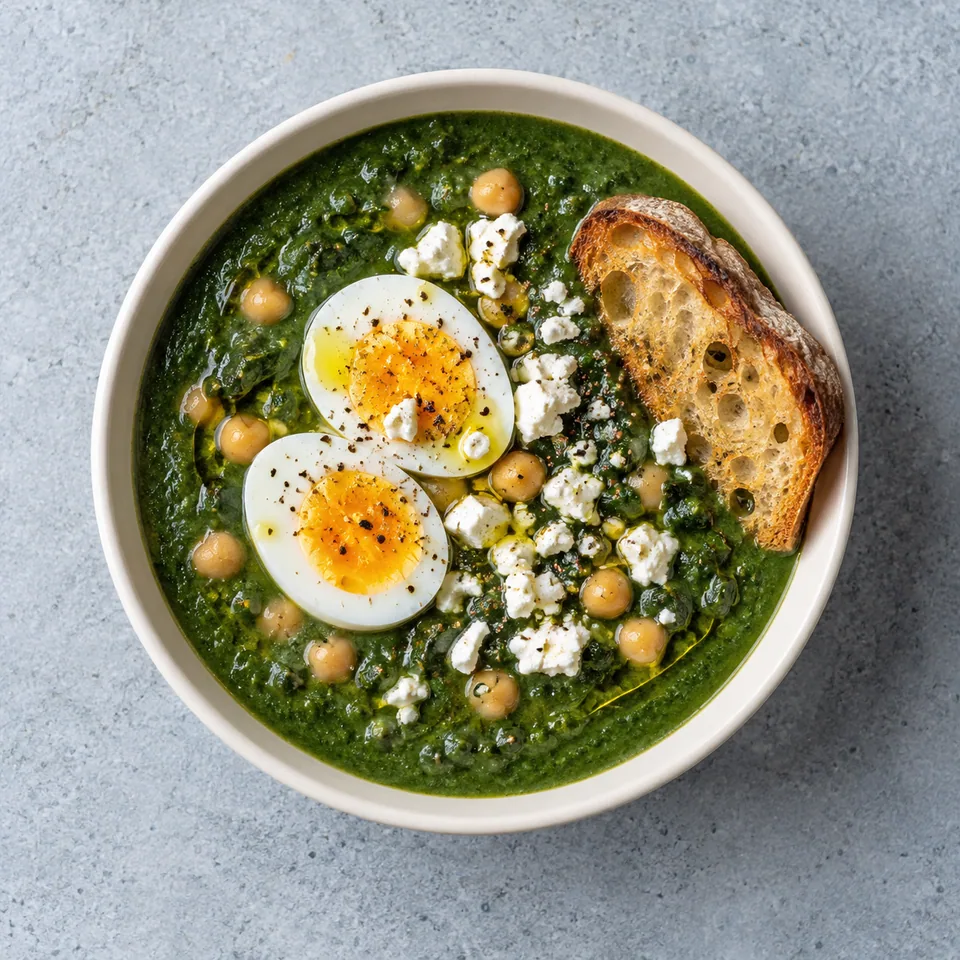 Soupe d’épinards, pois chiches et œufs : velouté vert, œuf dur en deux, feta émiettée et pain grillé.