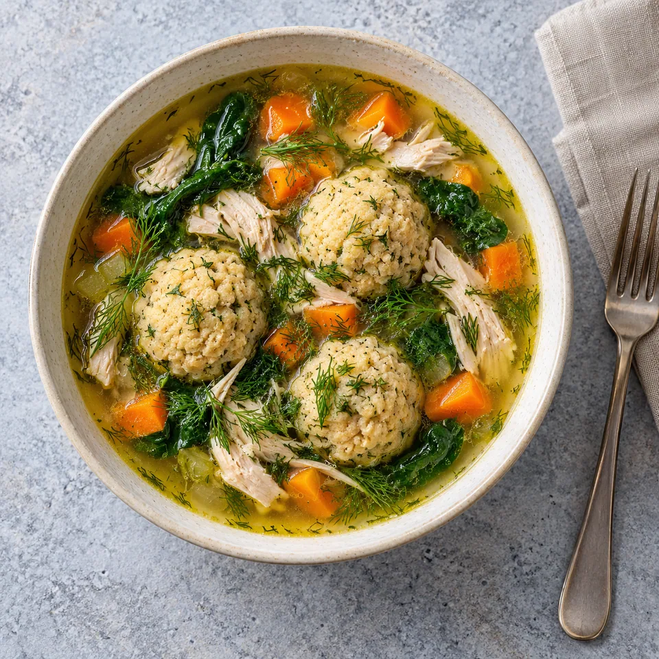 Soupe de boulettes de matsa au poulet et à l’aneth dans un grand bol en grès crème, garnie de légumes et d'herbes.