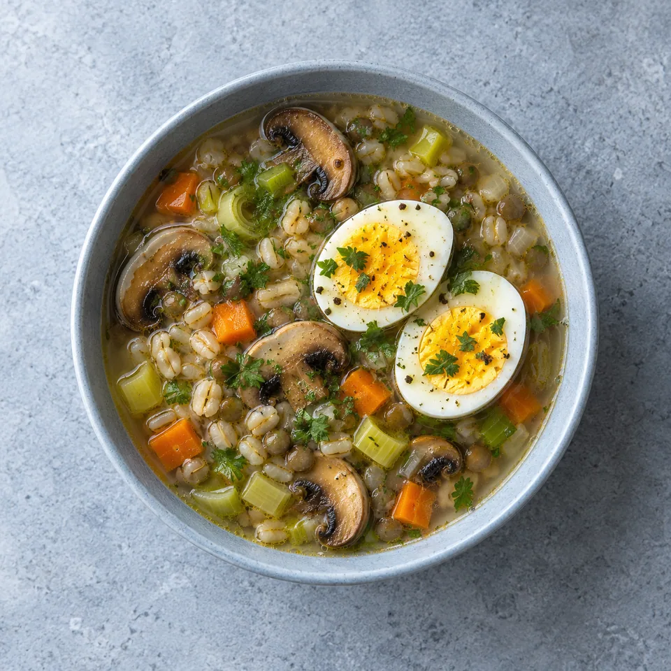 Soupe de champignons, orge et œufs : bouillon garni de légumes, céréales, lentilles, demi-œuf dur et persil.