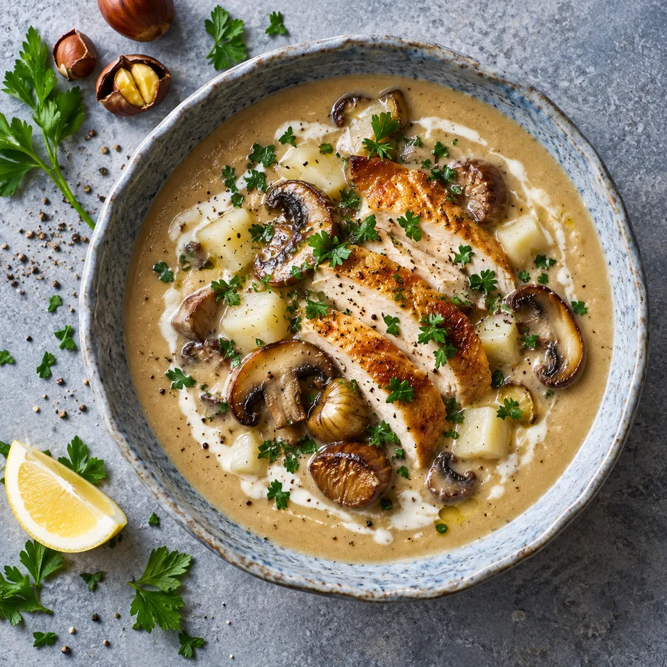 Soupe de châtaignes et champignons au poulet rôti dans un bol en grès, garnie de poulet et persil.