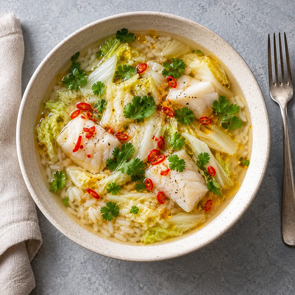 Soupe de colin au chou chinois acidulé dans un grand bol crème, garnie de coriandre et piment rouge.
