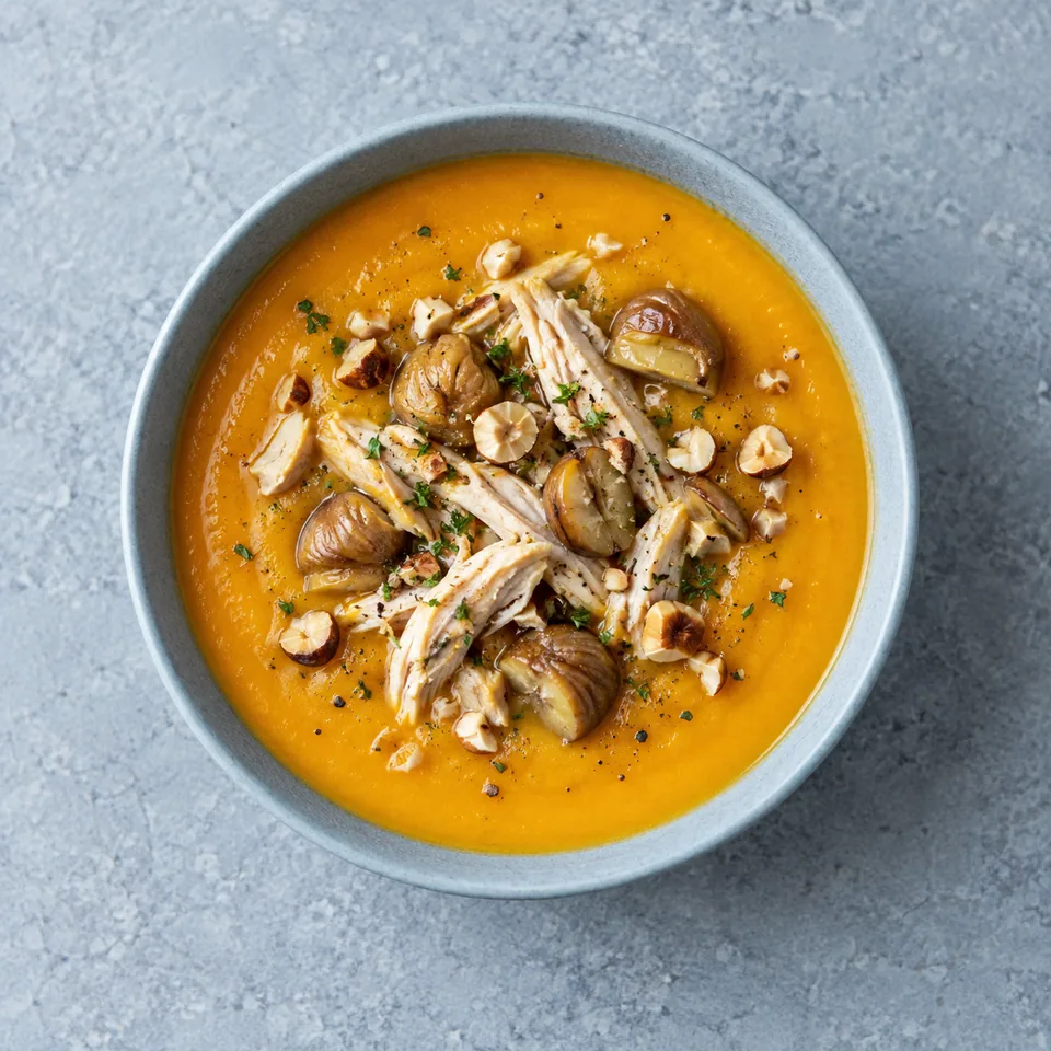 Soupe de courge au poulet lisse et orange, garnie de poulet effiloché, châtaignes et noisettes concassées.