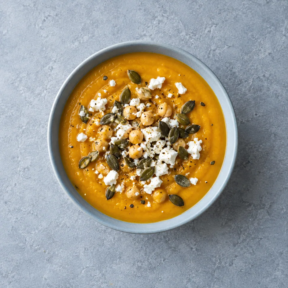 Soupe de courge, pois chiches et feta : velouté orange garni de feta blanche émiettée et de graines de courge.