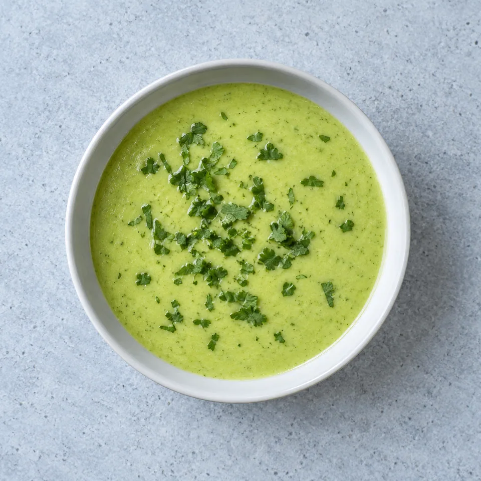 Bol de soupe de courgettes au lait de coco verte et lisse, garnie de coriandre fraîche ciselée.