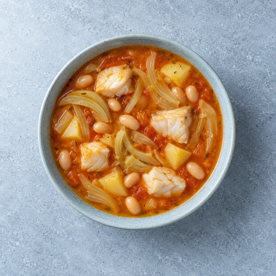Soupe de fenouil au cabillaud : bouillon orangé avec poisson, haricots blancs, fenouil et dés de pomme de terre.