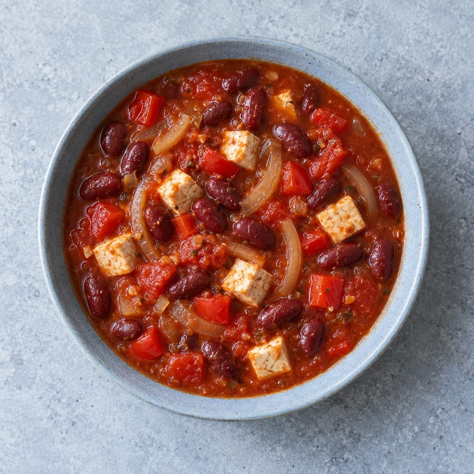 Soupe de haricots rouges façon chili : bol de soupe rouge avec haricots entiers, dés de tofu et de poivron, tomate et oignon.