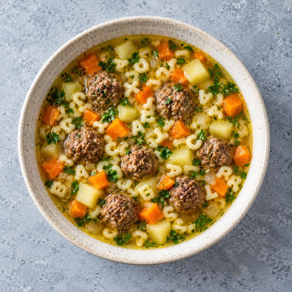 Soupe de légumes aux pâtes alphabet et petites boulettes dans un grand bol en grès crème, garnie de persil.