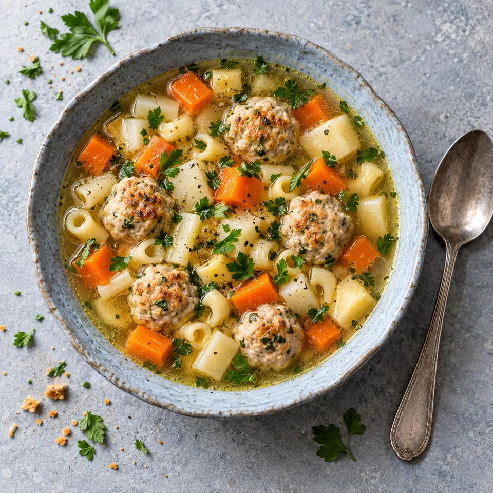 Soupe de légumes racines et boulettes de dinde dans un bol bleu-gris, garnie de persil.
