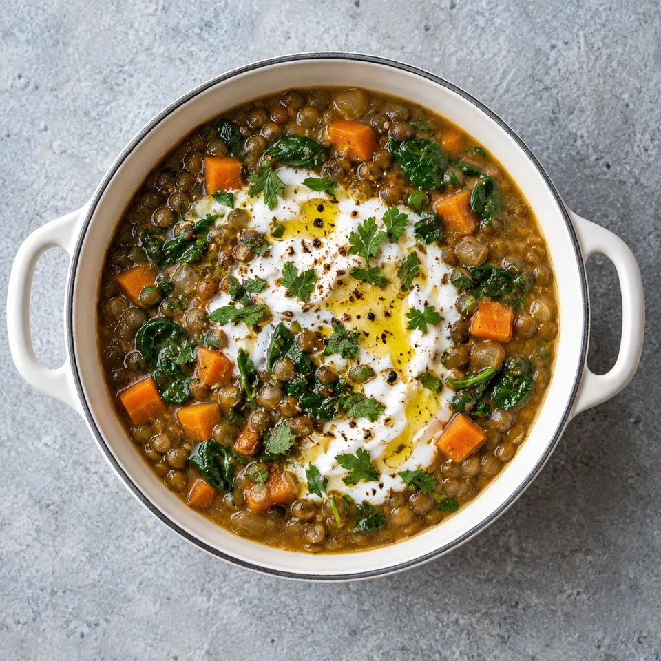 Soupe de lentilles au cumin dans une cocotte blanche, nappée de yaourt à l'ail et parsemée de persil.