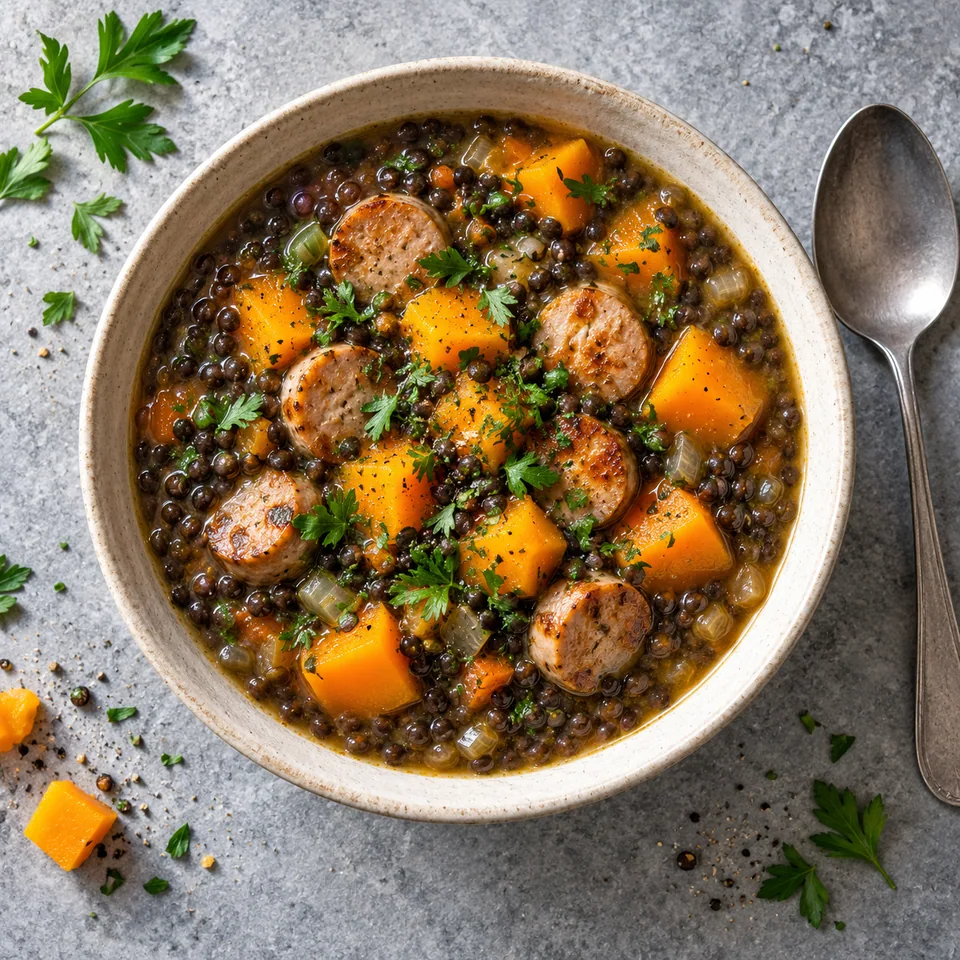 Soupe de lentilles beluga, potiron et saucisse de volaille dans un grand bol en grès crème, garnie de persil.