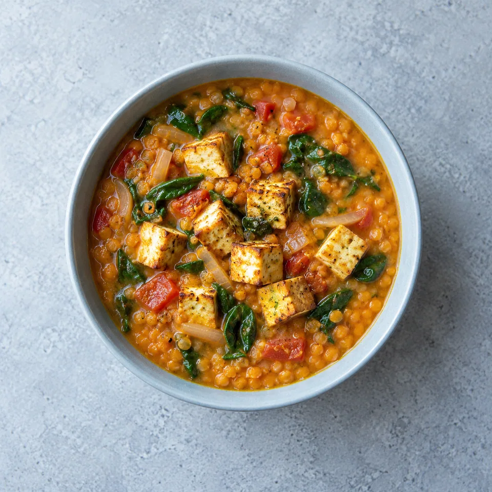 Soupe de lentilles corail au tofu : bol de soupe orangée aux légumes, garni de dés de tofu grillés.