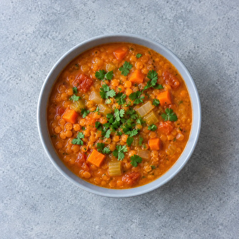 Soupe de lentilles corail façon harira, épaisse et orange-rouge, garnie de légumes tendres et de coriandre fraîche.