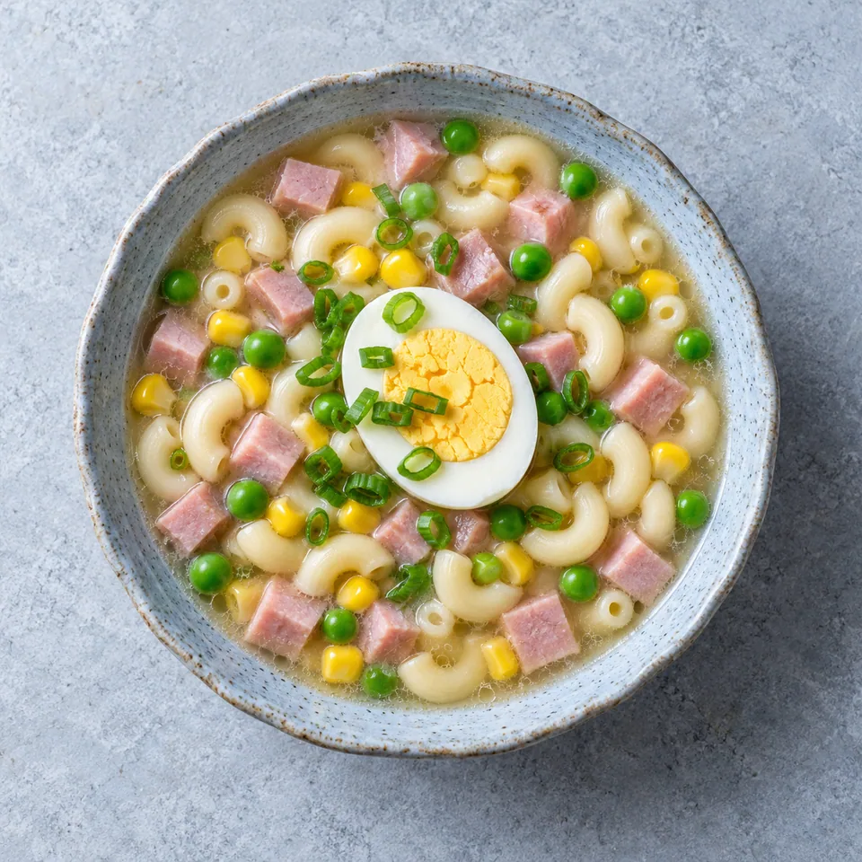 Soupe de macaronis hongkongaise au jambon dans un bol bleu-gris, garnie d'un œuf cuit et de ciboule.