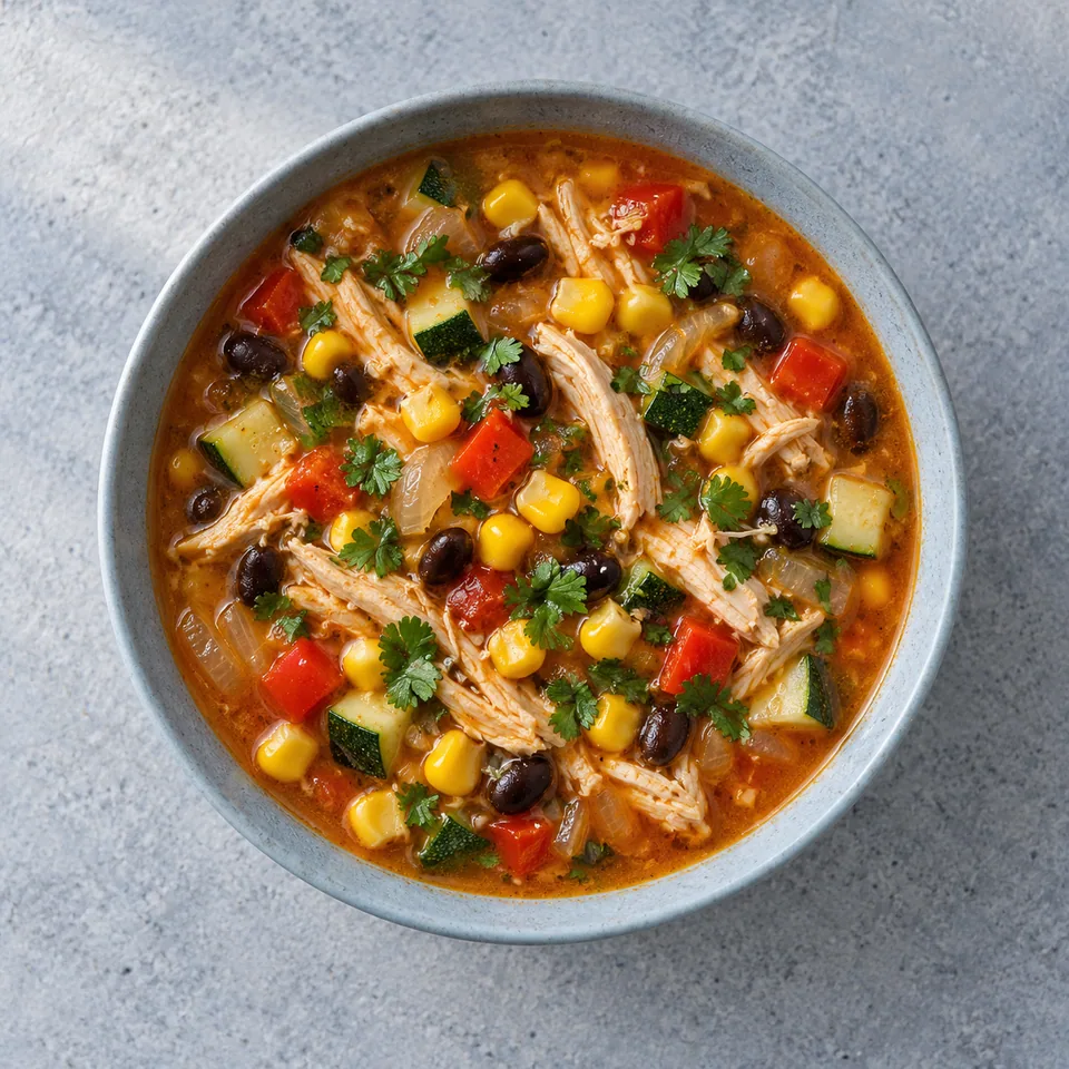 Soupe de maïs au poulet : bol de bouillon avec poulet effiloché, maïs jaune, haricots noirs, dés de légumes et coriandre.