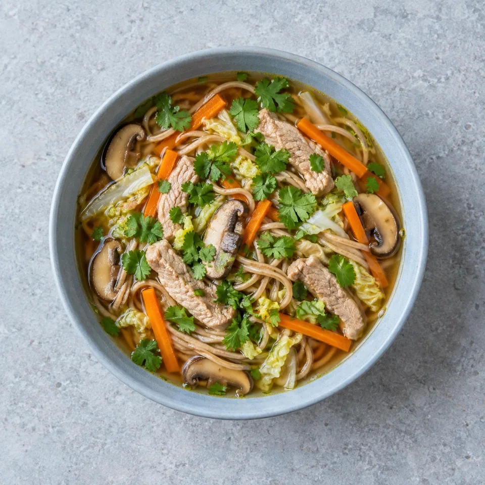 Soupe de nouilles au porc et légumes : bouillon ambré avec nouilles, porc, chou, carotte, champignons et coriandre.