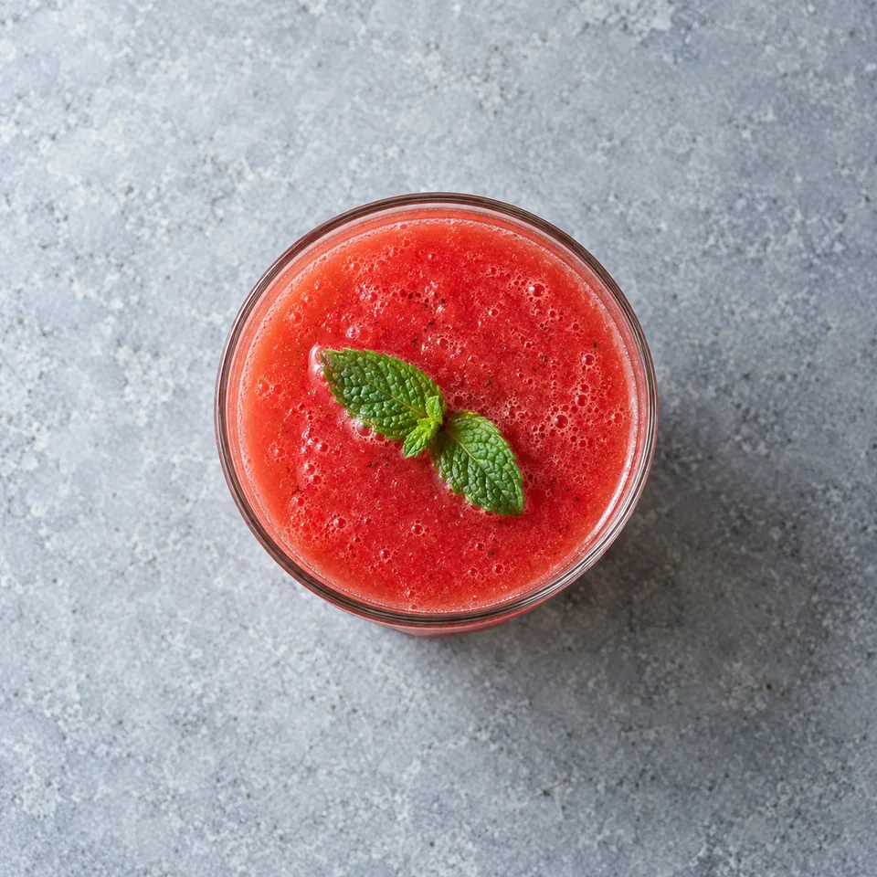Soupe froide de pastèque citronnée dans un verre, rouge vif avec une feuille de menthe verte.