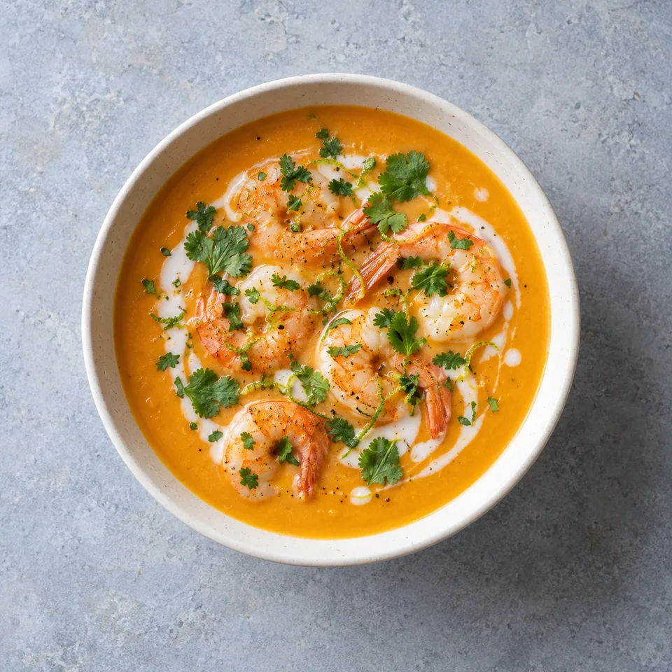 Soupe de patate douce aux crevettes : velouté orange avec crevettes roses, coriandre et zestes verts de citron vert.