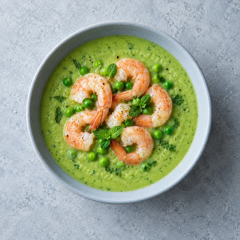 Soupe de petits pois aux crevettes : velouté vert épais garni de crevettes roses entières dans un bol.
