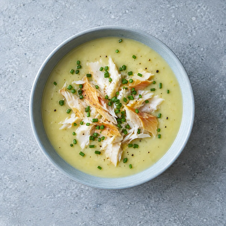 Soupe de poireaux au haddock : velouté pâle garni de haddock effiloché et de ciboulette verte.