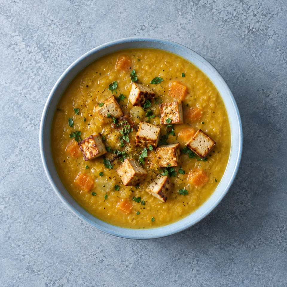 Soupe de pois cassés au tofu fumé : bol de soupe épaisse jaune orangé garni de dés dorés de tofu fumé.