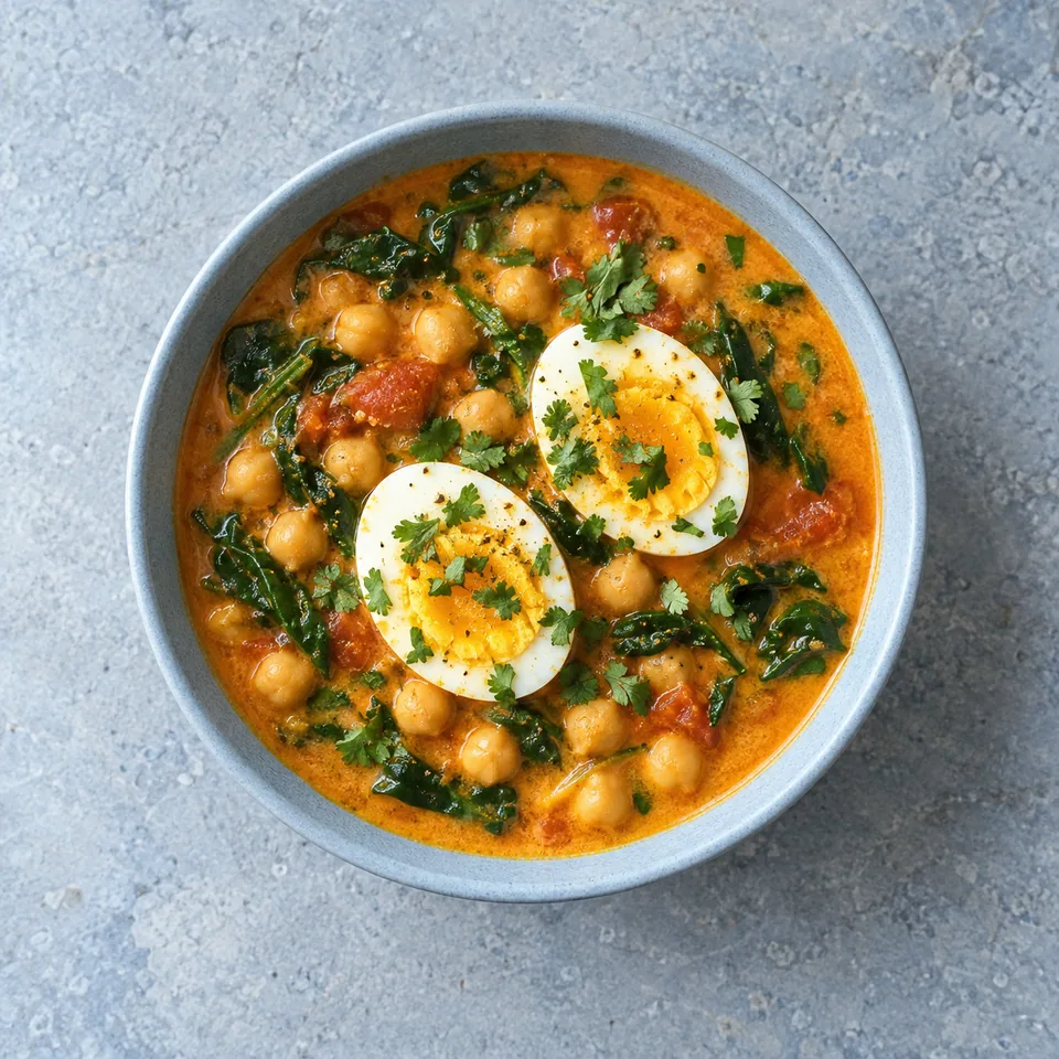 Soupe de pois chiches orangée, avec épinards, deux œufs durs coupés en deux et coriandre dans un bol.
