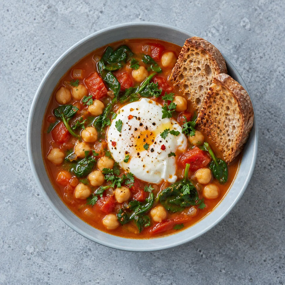 Soupe de pois chiches rouge orangée avec épinards, tomates, œuf poché au centre et pain complet grillé.