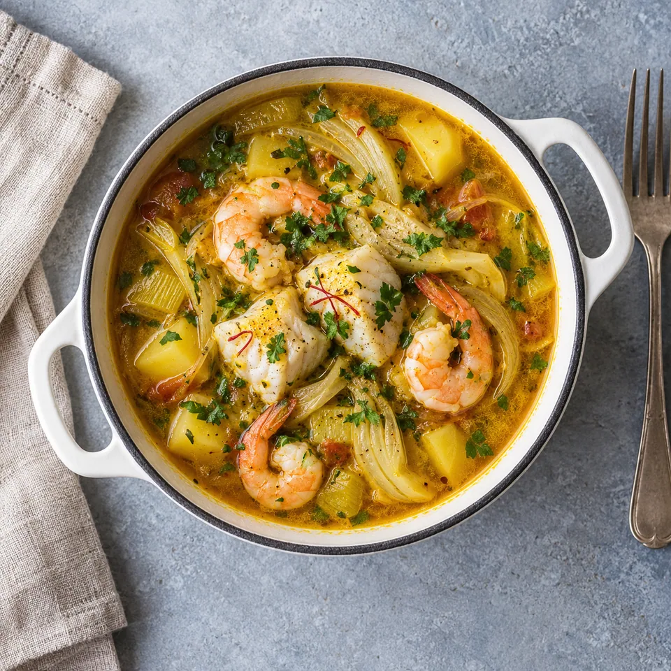 Soupe de poisson façon bouillabaisse dans une petite cocotte blanche, avec cabillaud, crevettes et légumes.