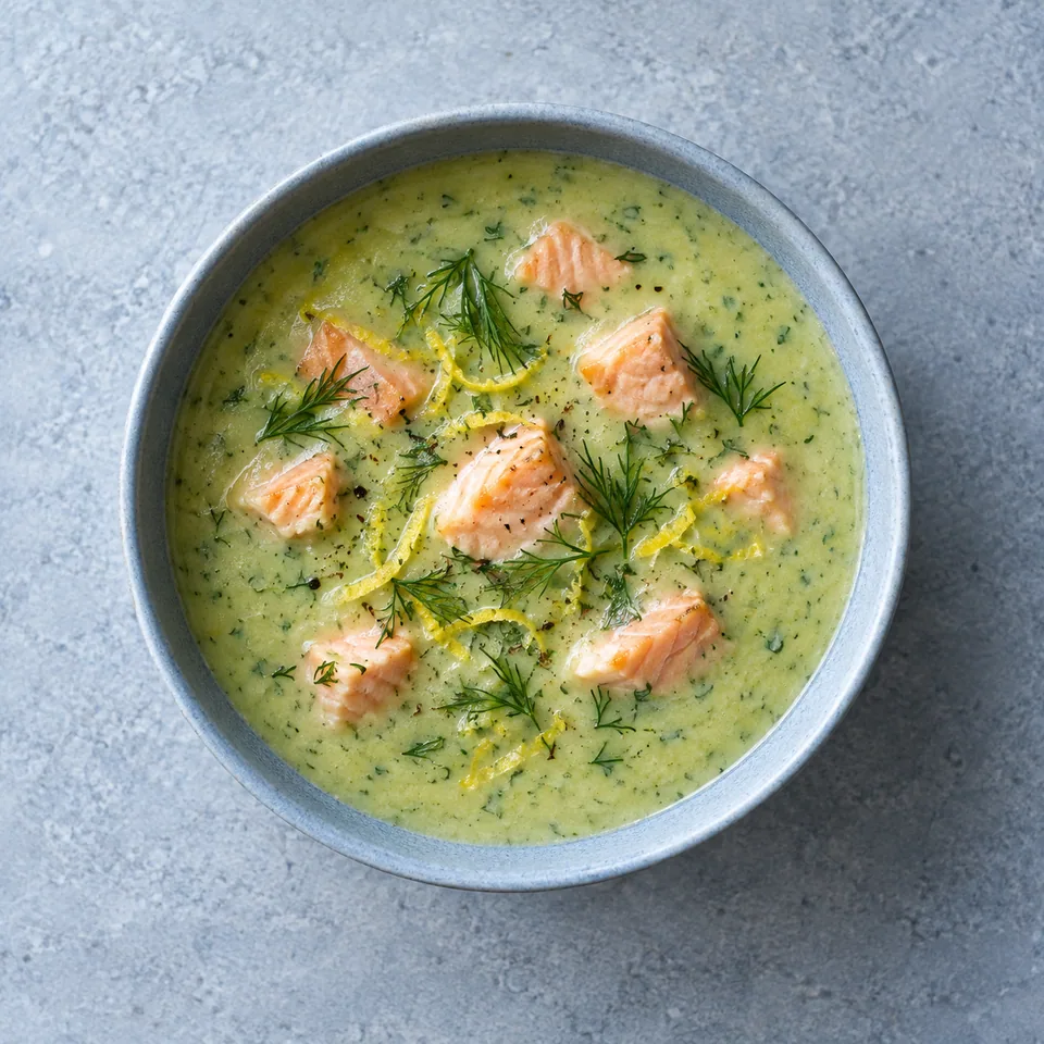 Soupe de pommes de terre au saumon : velouté vert pâle garni de dés de saumon rose, d’aneth et de zeste de citron.