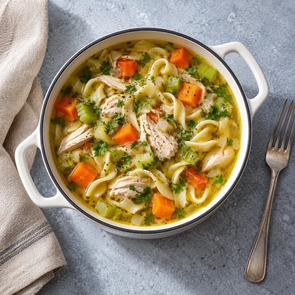 Soupe de poulet aux nouilles et légumes dans une cocotte blanche, avec carottes, céleri et persil.