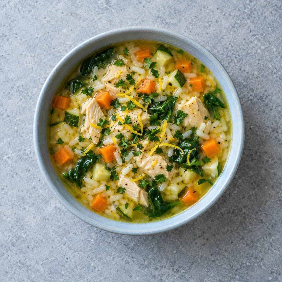 Soupe de riz au poulet citronné : bouillon doré avec poulet, riz, légumes, épinards, persil et zestes de citron.