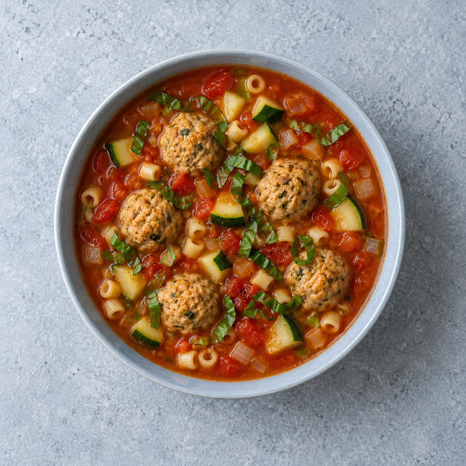 Soupe de tomates aux boulettes de dinde, avec six boulettes, courgette, petites pâtes et basilic dans un bol.