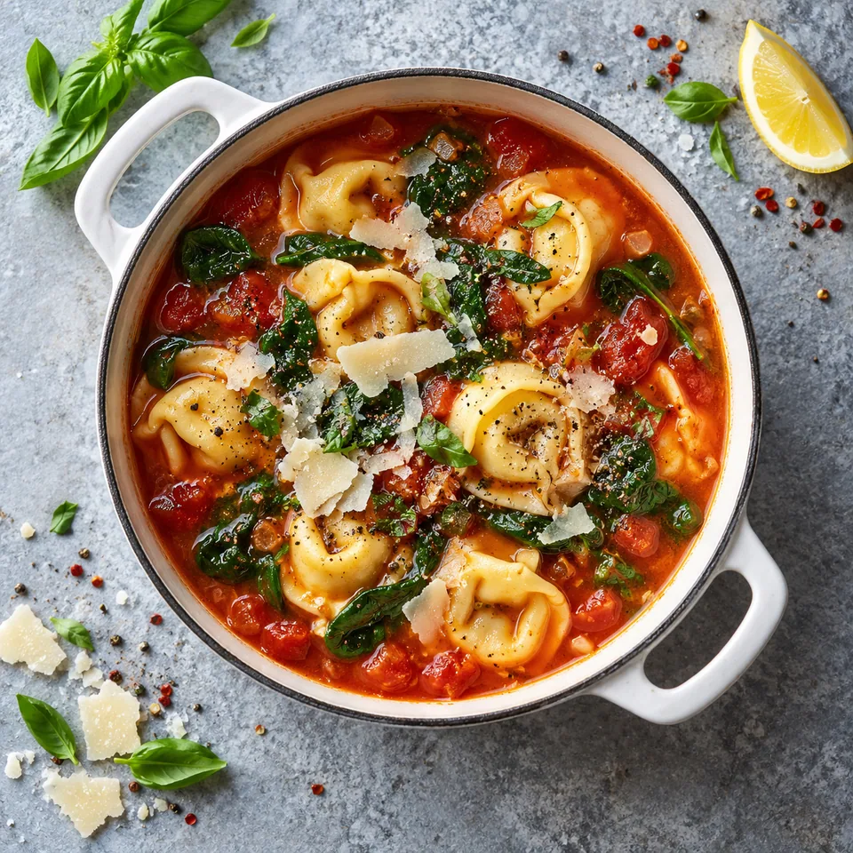 Soupe de tortellinis aux épinards dans une petite cocotte blanche, avec pâtes, tomates et épinards.
