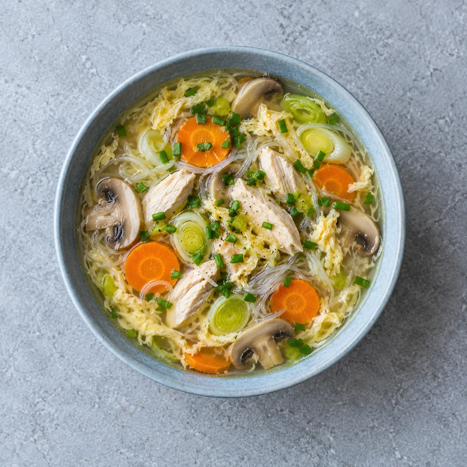 Soupe de vermicelles au poulet servie dans un bol, avec poulet, légumes émincés, vermicelles, œuf et ciboulette.