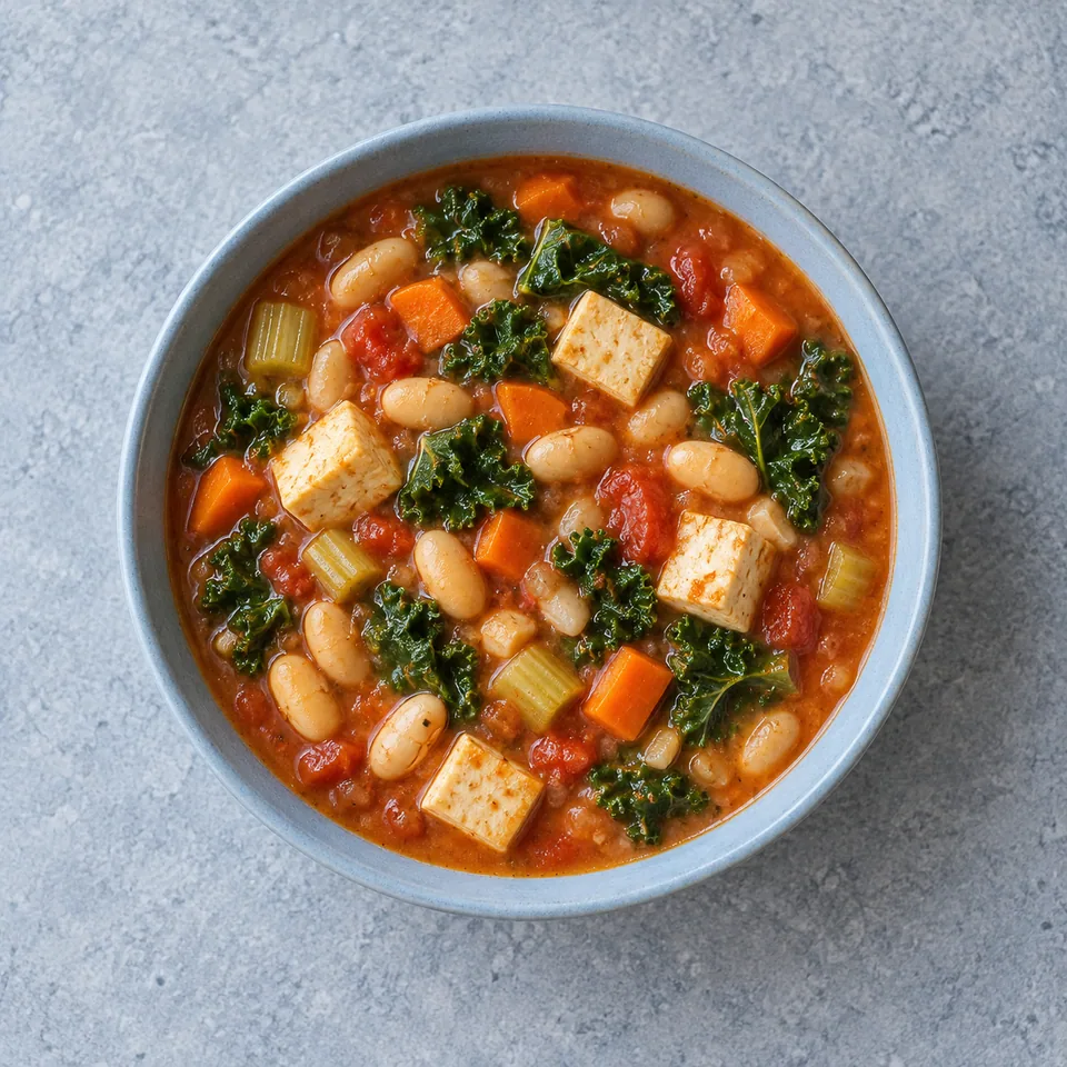 Soupe épaisse de haricots blancs au tofu, en bol, avec tomates rouges, carotte orange, céleri et feuilles de kale vert foncé.