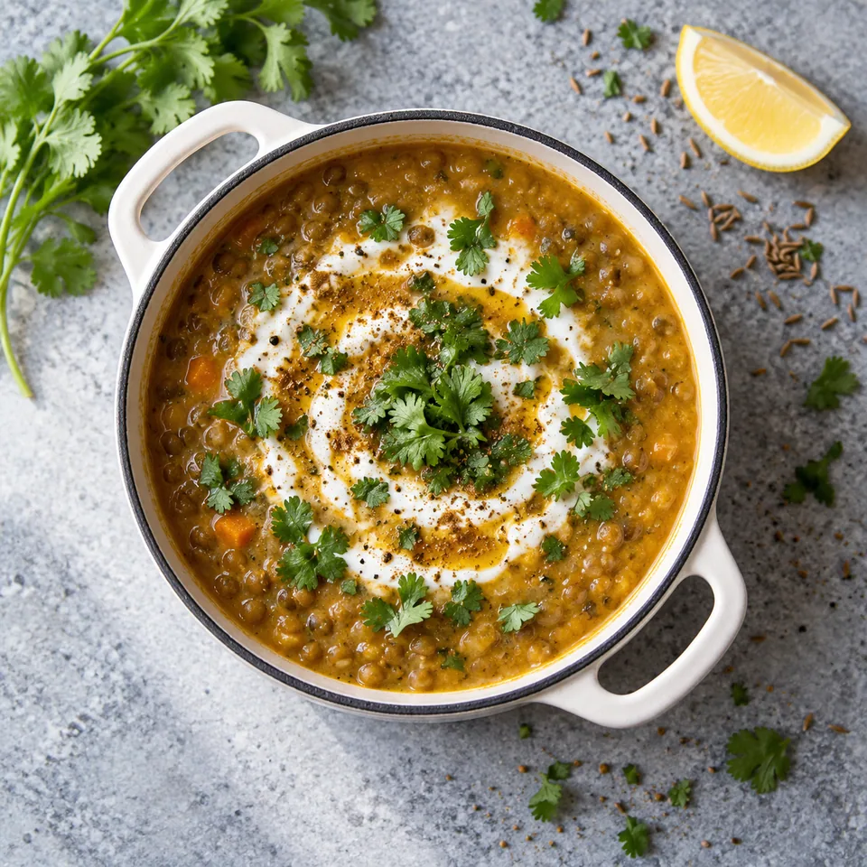 Soupe express de lentilles, skyr au cumin : portion de soupe dorée avec spirale de skyr blanc et coriandre fraîche dans une petite cocotte blanche.