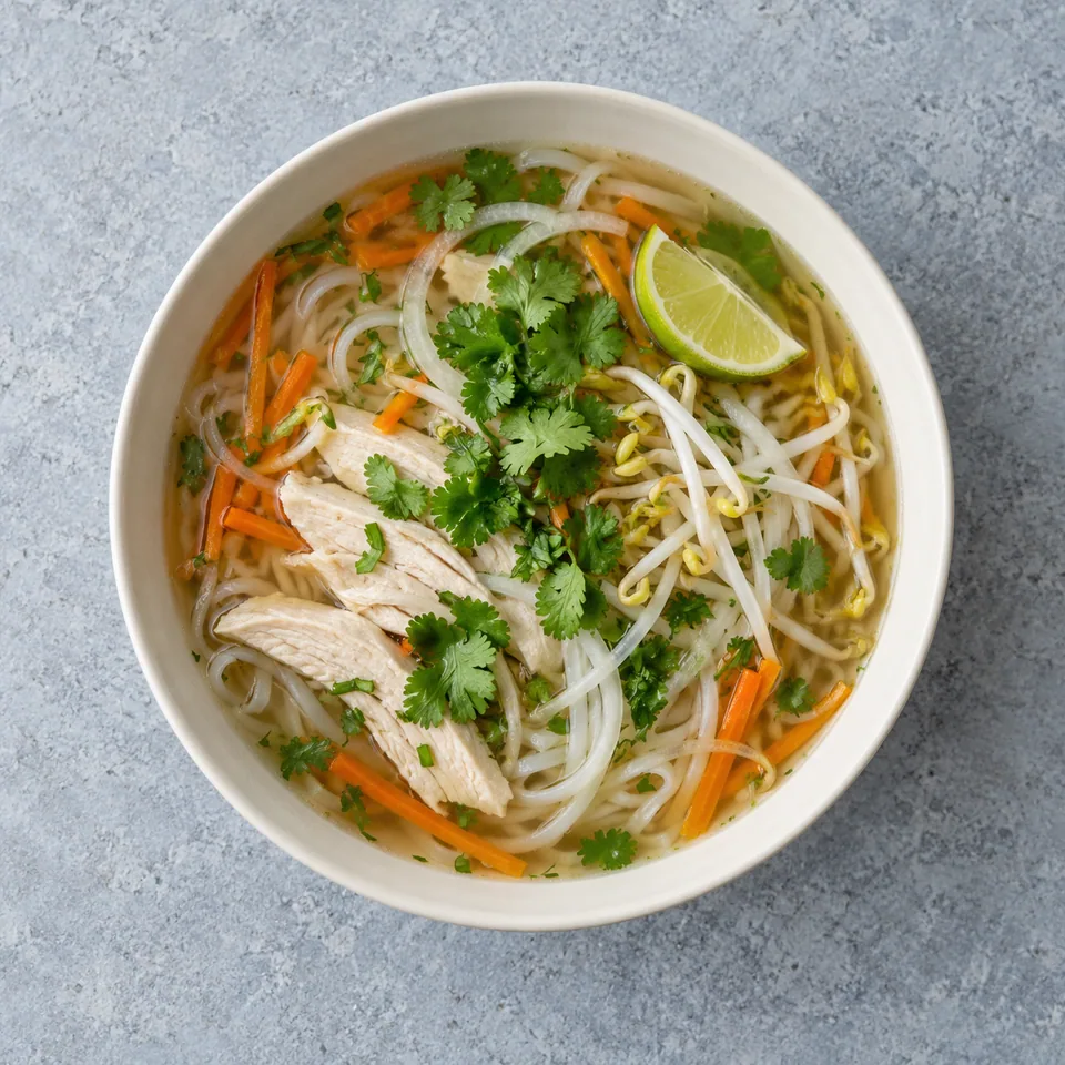 Soupe façon pho au poulet dans un bol, avec nouilles, poulet, carottes, pousses de soja et coriandre.