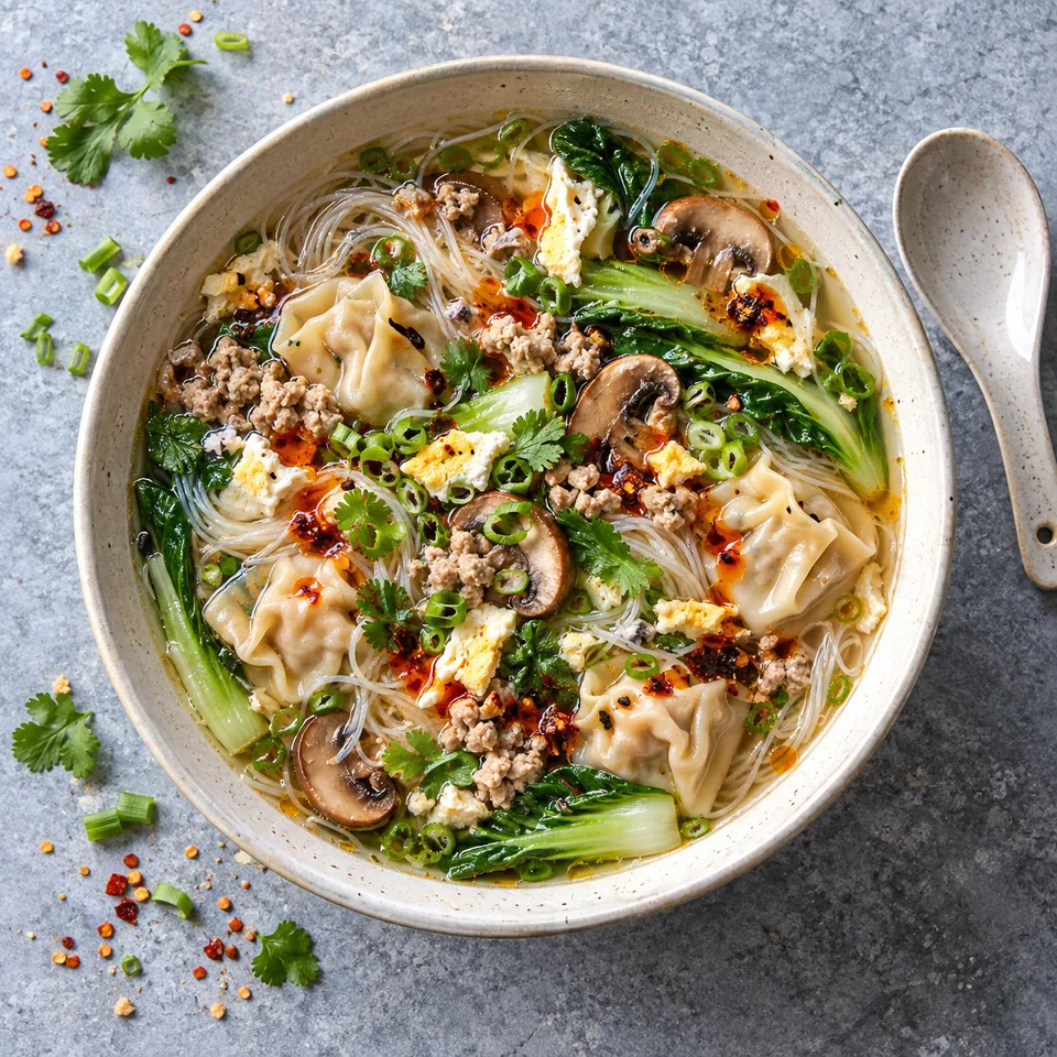 Portion de soupe wonton au porc dans un bol crème : vermicelles, légumes verts et bruns, œuf et viande dans un bouillon clair nappé d'huile pimentée.